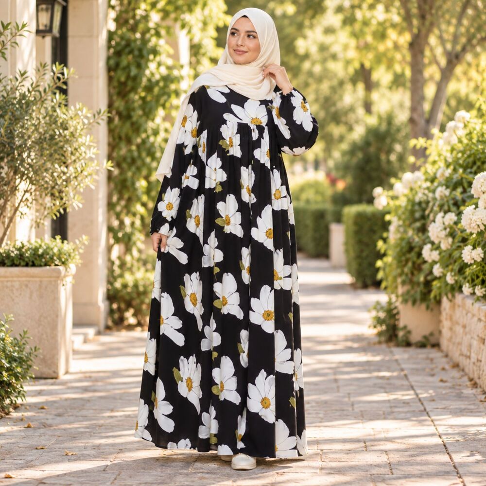 Bazar Al Haya Muna Black White Floral Abaya Maxi Dress Large NWT